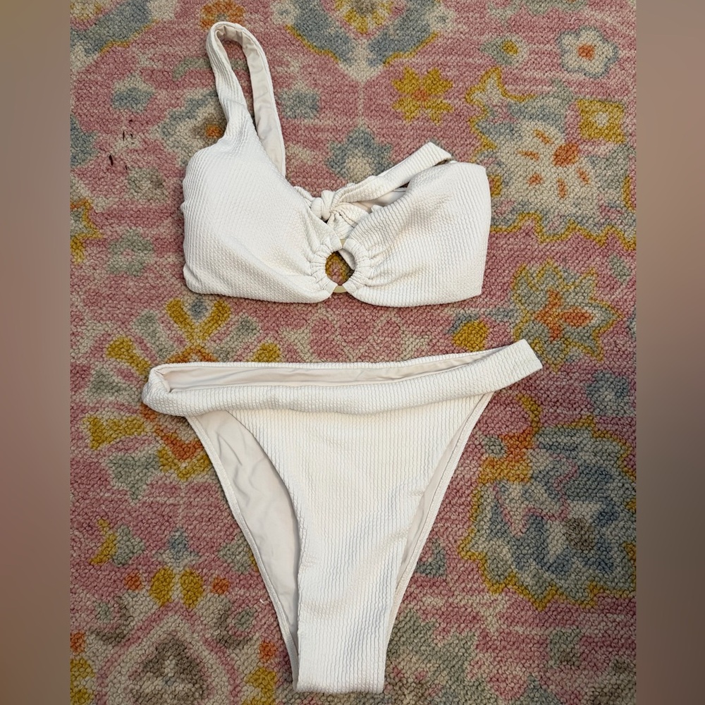 Monday Swimwear White Textured Ring-Front Bikini Set
